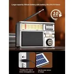 Parlante Portátil,Radio Vintage Recargable Solar Bluetooth USB FM AM Radio AUX - Md-979s