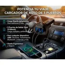 Cargador para Automóvil,Cargador Celular Auto 3 Puerto Usb Carga Rapida Linterna Gps