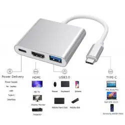 Hub USB,Adaptador USB Tipo C Macho a Hdmi con USB y Tipo C Hembra