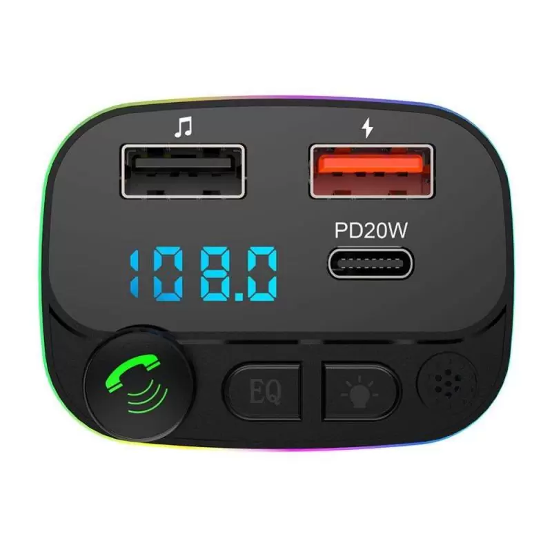Transmisor FM Bluetooth Manos Libres,Adaptador Transmisor Fm Bluetooth Con Luz Para Auto Camioneta 7 Colores Dp20W