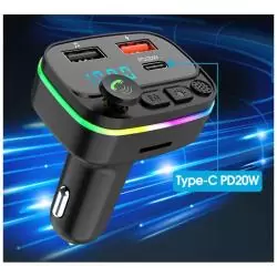 Transmisor FM Bluetooth Manos Libres,Adaptador Transmisor Fm Bluetooth Con Luz Para Auto Camioneta 7 Colores Dp20W